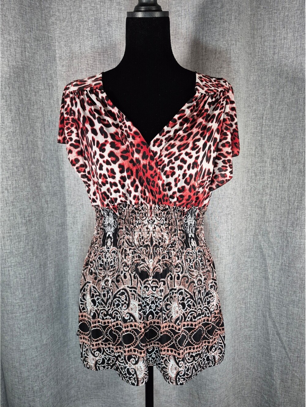 Ace Fashion Size L Red Leopard Paisley Smocked Waist Flutter Sleeve Blouse